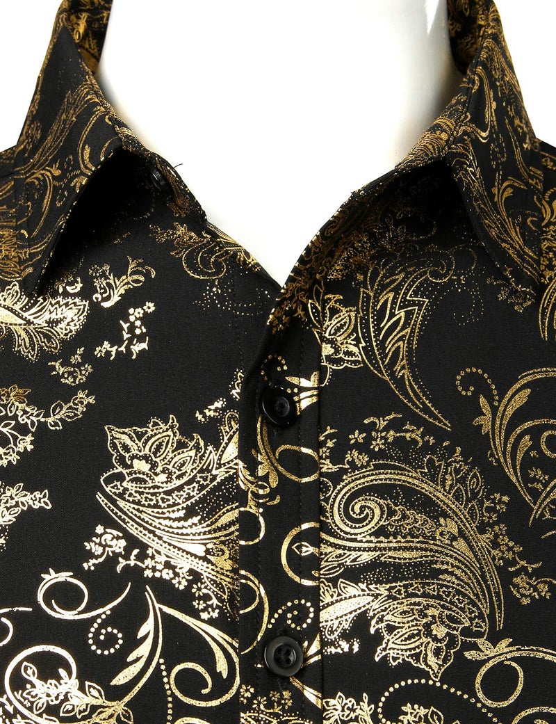 ZEROYAA Men's Luxury Paisley Shiny Stylish Slim Fit Short Sleeve Button Up Dress Shirt ZLCL23 Black Gold Medium - Image 3